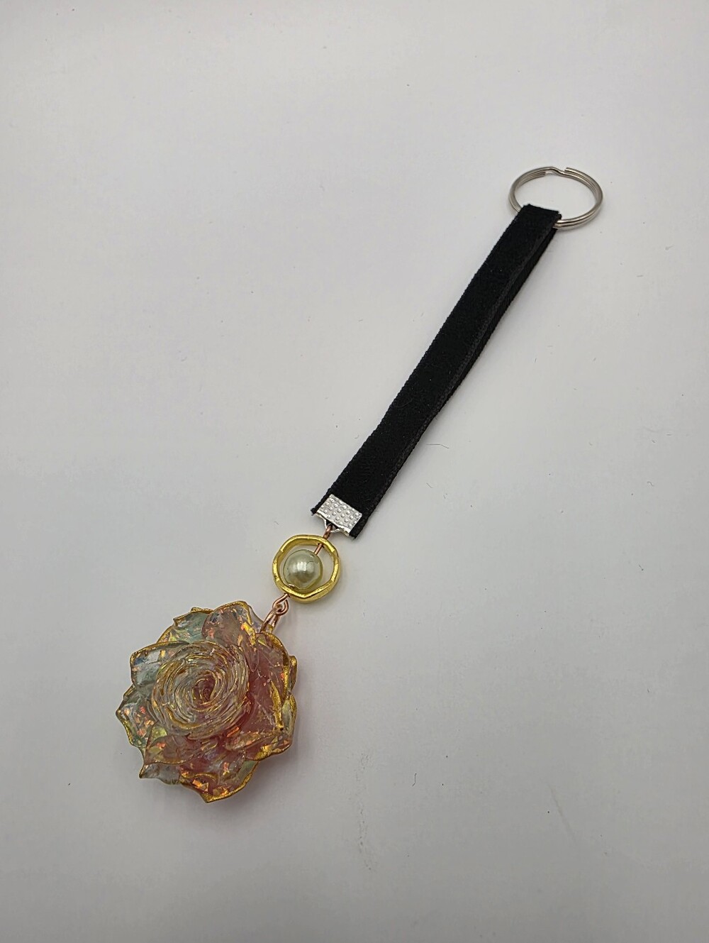 Black Strap Keychain with Green & Pink Iridescent Rose Charm Handmade Accessory - Picture 3 of 5
